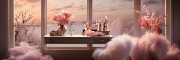 A Glamorous dressing room for a fashionista with a vanity table, glass window, feminine and luxurious space, Designer Delights, AI Generative photo