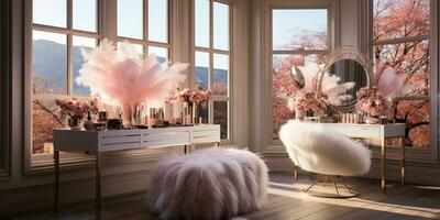 A Glamorous dressing room for a fashionista with a vanity table, glass window, feminine and luxurious space, Designer Delights, AI Generative photo