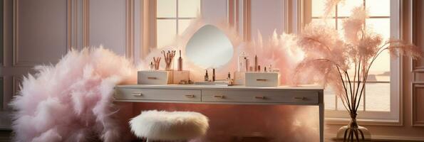 A Glamorous dressing room for a fashionista with a vanity table, glass window, feminine and luxurious space, Designer Delights, AI Generative photo