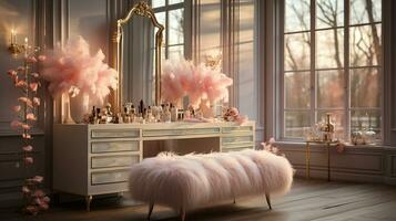 A Glamorous dressing room for a fashionista with a vanity table, glass window, feminine and luxurious space, Designer Delights, AI Generative photo