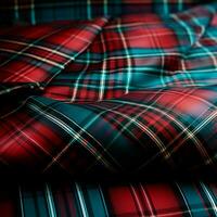 Texture of wrinkled, crumpled tartan fabric close-up, traditional Scottish clothing - AI generated image photo
