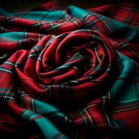textura de arrugado, estropeado tartán tela de cerca, tradicional escocés ropa - ai generado imagen foto