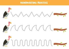 Tracing lines for kids. Cute cartoon vulture and tree branch. Handwriting practice. vector