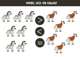 Grater, less or equal with cartoon zebras and okapis. vector