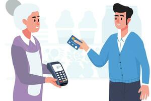 Customers using the contactless payment NFC technology of the digital banking concept. Pay by credit card with machine in store vector on white background