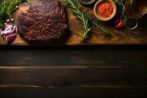 Wooden Table with Top View Steak Arrangement, Copy Space, ai generated photo