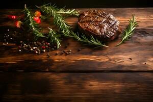 Savory Steak on Wooden Tabletop, Top Down Presentation, ai generated photo