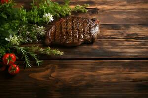 Top View Steak Presentation on Wooden Table, Empty Space, ai generated photo