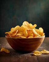 Potato chips falling into a bowl generated with AI photo