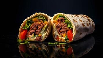 Chicken kebab with lettuce, tomato and cucumber on dark background generated AI photo