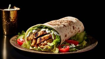 Chicken kebab with lettuce, tomato and cucumber on dark background generated AI photo