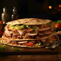 Chicken kebab with lettuce, tomato and cucumber on dark background generated AI photo