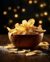 Potato chips falling into a bowl generated with AI photo