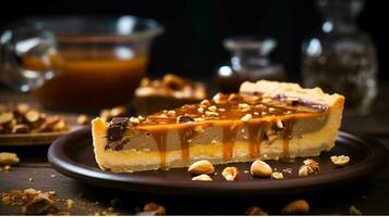 A piece of pie with caramel and nuts on a black plate generated with AI photo