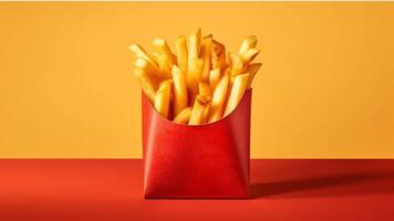 French fries in a paper box on a red background generated with AI photo