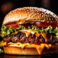 Cheese burger - American cheese burger with Golden French fries on wooden board generated AI photo