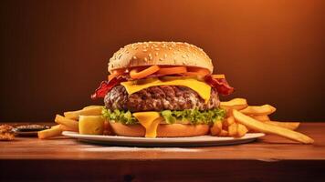 Cheese burger - American cheese burger with Golden French fries on wooden board generated AI photo