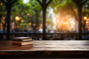 vacío de madera mesa conjunto con libros, literario producto escaparate, ai generado foto