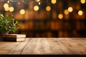 Books on Wooden Table, Atmospheric Setting for Product Display, ai generated photo