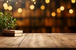 libros en de madera mesa, atmosférico ajuste para producto mostrar, ai generado foto