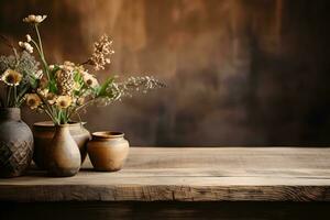 Boho Interior Setting for Products, Wooden Table Display, ai generated photo
