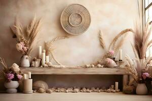 Boho Interior Decor on Empty Wooden Tabletop, Product Showcase, ai generated photo