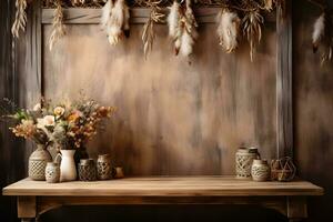 Boho Chic Empty Table Setting for Product Advertisement, ai generated photo