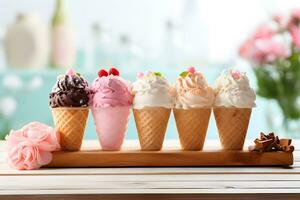 Colorful Ice Cream Treats on Wooden Table Background, ai generated photo