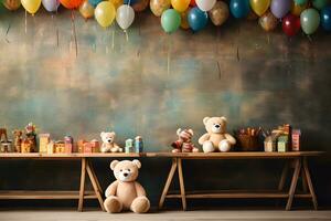 divertido fiesta invitaciones con oso decoraciones y texto Copiar espacio, ai generado foto