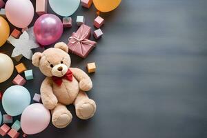 Card background with Cute Bear and Balloon Elements, ai generated photo