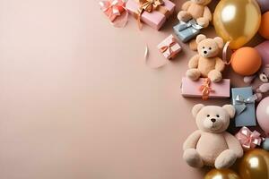 Invitation Background with copy space, Bear with gift box Balloons element, ai generated photo