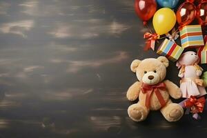 Cute Bear Doll Decor and Balloon background with copy space, ai generated photo