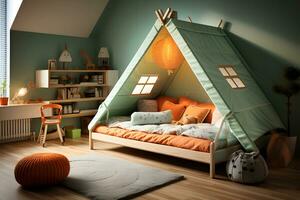 Cute Bedroom Interior for Kids with Unique Decor, ai generated photo