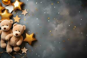 divertido saludo tarjeta antecedentes con oso y globo estrellas, ai generado foto