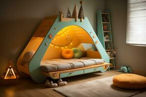 niños dormitorio interior, linda y creativo decoración inspiración, ai generado foto