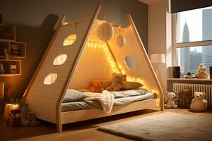 inspirador niños espacio con único mueble y decoración, ai generado foto