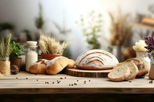 Bakery decor on a Wooden Table with Flour and Bread, ai generated photo