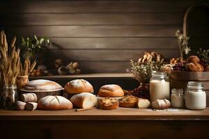 Wooden Table with Bakery Style Flour and Bread Decoration, ai generated photo