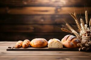 panadería harina y un pan detalles en de madera mesa para mostrar, ai generado foto