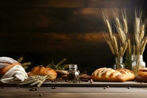 de madera mesa decorado con panadería harina y un pan para mostrar, ai generado foto