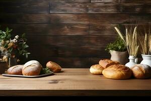 de madera mesa con panadería temática antecedentes y harina pan, ai generado foto