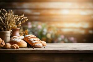 panadería harina y un pan detalles en un de madera mesa, ai generado foto