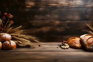 Product Display Setup, Wooden Table with Bakery Flour Decor, ai generated photo