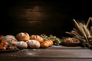 Bakery Flour and Bread Elements on a Wooden Tabletop, ai generated photo