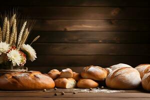 Bakery Decor on Wooden Table with Flour and Bread Elements, ai generated photo