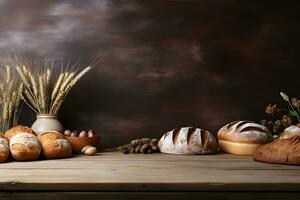 Product Presentation with Bakery Flour and Bread on Wooden Table, ai generated photo