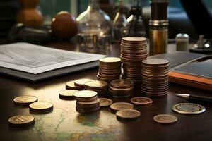 Finance and Business Concept, Wooden Table with Coin Money Decor and Blurred Background, ai generated photo