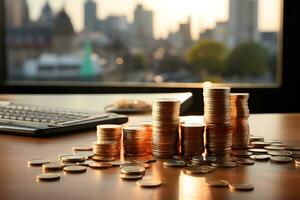 Finance and Coins on Wooden Table with Blurred Effect, ai generated photo