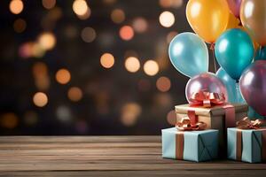 Celebration Theme decoration with Tabletop, balloon and gift box, ai generated photo