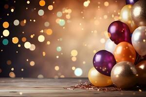 empty Wooden Surface with Festive Accents for celebration event background, ai generated photo